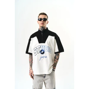 Erkek Studio Nakışlı Yarım Fermuarlı Oversize T-Shirt Ekru