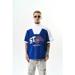 Erkek Studio Nakışlı Yarım Fermuarlı Oversize T-Shirt Saks
