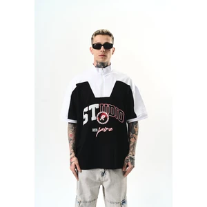 Erkek Studio Nakışlı Yarım Fermuarlı Oversize T-Shirt Siyah