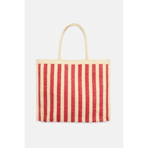 Ekru-Kırmızı Kadın Şerit Desenli Hasır Plaj Çantası