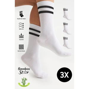 Bamboo Star Bambu Kadın Beyaz Kaydırmaz Taban Silikon Baskı Yoga Fitness Pilates Bale Dans Tenis Çorabı 3'lü