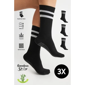 Bamboo Star Bambu Kadın Siyah Kaydırmaz Taban Silikon Baskı Yoga Fitness Pilates Bale Dans Tenis Çorabı 3'lü