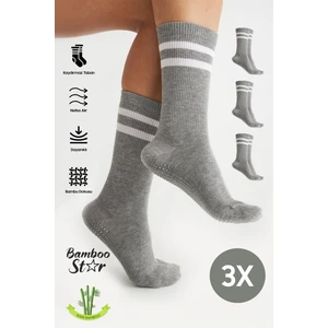 Bamboo Star Bambu Kadın Gri Kaydırmaz Taban Silikon Baskı Yoga Fitness Pilates Bale Dans Tenis Çorabı 3'lü