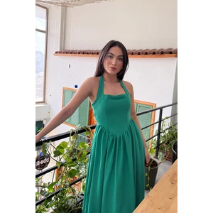 Boyundan Bağlamalı Yeşil Yaz Esintisi Keten Elbise