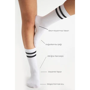 Bamboo Star Bambu Kadın Beyaz Kaydırmaz Taban Silikon Baskı Yoga Fitness Pilates Bale Dans Tenis Çorabı