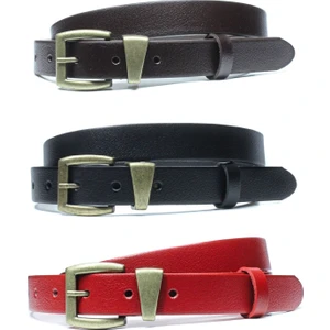 3'lü Hakiki Deri Antik Sarı Tokalı Kadın Kemeri 2,5cm Siyah Kahverengi Kırmızı