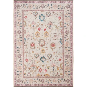 Cool Halı Private Krem Halı Etnik Desen Çiçekli Şönil Halı Yıkanabilir Eskitme Vintage Salon Halısı