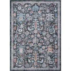 Cool Halı Private Antrasit Halı Eskitme Desenli Vintage Şönil Halı Çiçekli Yıkanabilir salon halısı