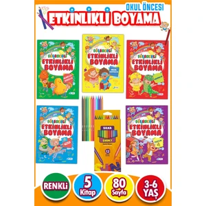 12'li Kuru Boya ve Eğlenceli Etkinlikli Boyama Seti - 80 Sayfa - 5 Kitap