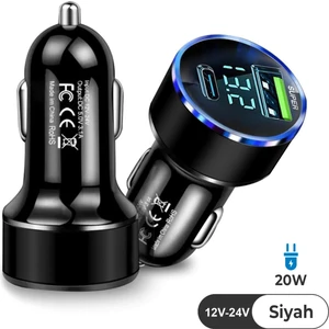 Mega Oto Market Siyah Araç Içi USB 3.0 Type C 20W Soketli Çakmaklık Güç Adaptörü Tüm Cihazlar 12V-24V