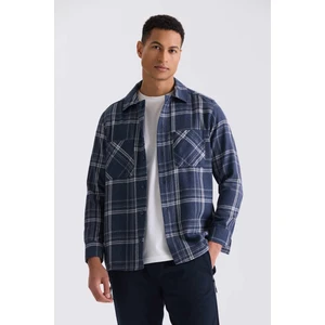 Lacivert Over Size Bol Kesim Ekose Desenli Pamuklu Cepli Oduncu Gömlek