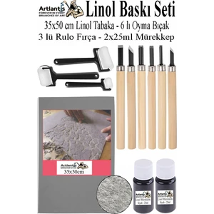 Linol Baskı Seti 1 Paket 35 x 50 cm Linolyum Tabaka Gri Linol Oyma Seti 6 Bıçaklı Rulo Fırça Mürekkep Linol Baskı Seti