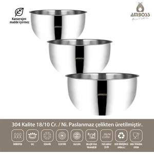 Ambos Satin 3 Parça Paslanmaz Çelik Karıştırma Saklama Kabı