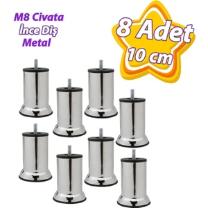 8 Adet Metal Destek Ayağı 10 cm Krom Mobilya Kanepe Baza Koltuk Ünite Ayakları Metrik 8 Civatalı Ince Diş