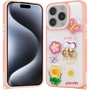 Apple iPhone 15 Pro Kılıf Parlayan Sıvılı Simli Kabartma Figürlü Svl Cevze Kapak-Pembe