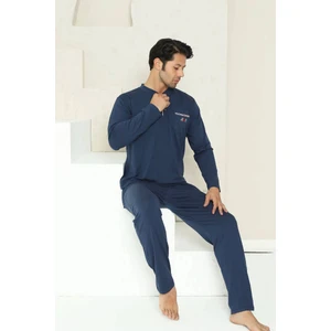 Erkek Bisiklet Yaka 3 Düğmeli Göğüs Cepli Pamuk Likra Mevsimlik Uzun Kol Pijama Takımı