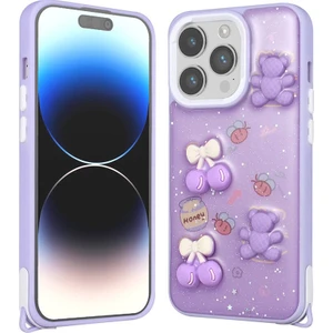 Apple iPhone 14 Pro Max Kılıf Parlayan Sıvılı Simli Kabartma Figürlü Svl Cevze Kapak-Mor Ayı