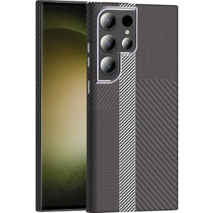 Gökmen Aksesuar Samsung Galaxy S24 Ultra Kılıf M-Safe Şarj Özellikli Karbon Fiber Görünümlü Gkm Gros Kapak - Gri-Siyah