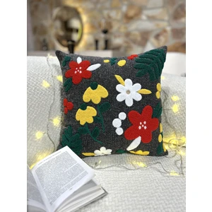 1 Adet Punch Kırlent Kılıfı Çiçek Desenli - Punch Yastık Kılıfı Beyaz Gri 43 x 43 Fermuarlı