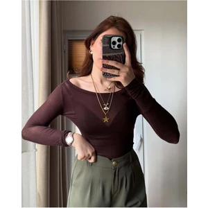 Kadın Kayık Yaka Transparan Softtouch Esnek Premium Bluz ML4008