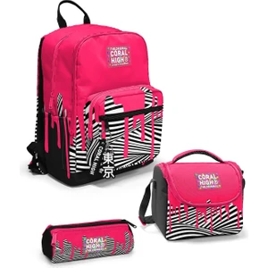 Coral High Pembe Siyah Beyaz Desenli 3’lü Okul Çanta Seti SET0123678