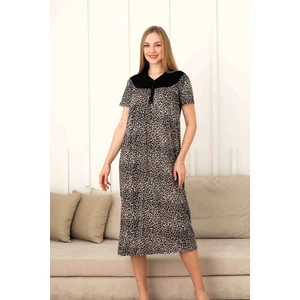 Siyah Leopar Dantel Detaylı 3 Düğmeli Kısa Kol Likralı Viskon Uzun Gecelik-Anne Kalıp Büyük Beden