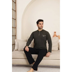 Erkek Bisiklet Yaka 3 Düğmeli Göğüs Cepli Pamuk Likra Mevsimlik Uzun Kol Pijama Takımı