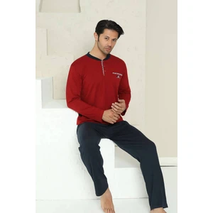 Erkek Bisiklet Yaka 3 Düğmeli Göğüs Cepli Pamuk Likra Mevsimlik Uzun Kol Pijama Takımı