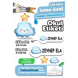 Okul Etiketi Kalem Defter Isimli Etiket Isim Yazılabilen Gülen Bulut ve Yıldız - 190 Adet Özel Yeni Tasarım