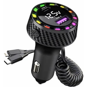 Rgb LED Karbon Desenli Yaylı Kablolu 15W Araç Çakmaklık Şarj Cihazı - iPhone & Type-C Çıkışlı FR-422