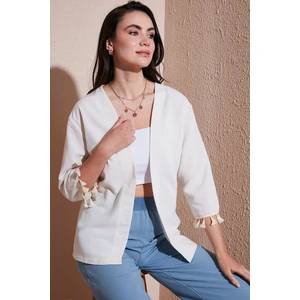 Pamuk ve Keten Karışımlı Püskül Detaylı Regular Fit Uzun Kimono Hırka Bayan Hırka 5869015