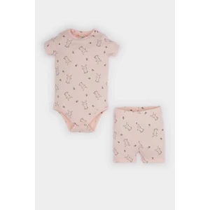 Kız Bebek 2'li Takım Desenli Fitilli Kaşkorse Kısa Kollu Çıtçıtlı Body Beli Lastikli Şort E8240A525SM