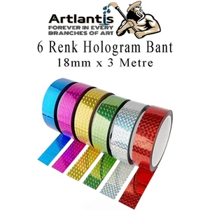 Renkli Hologram Bant 6 Renk 1 Paket 18MM x 3 Metre Yaldızlı Metalik Desenli Fosforlu Hologram Bant Hobi Tasarım