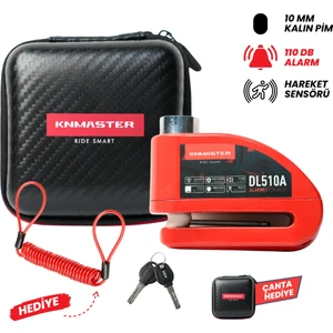 DL510A 10 mm Alarmlı Disk Kilidi | Hatırlatma Kablosu ve Taşıma Çantası Hediye | Kırmızı
