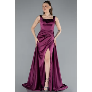 Yırtmaçlı Kare Yaka Kuyruklu Uzun Saten Abiye ABU4715