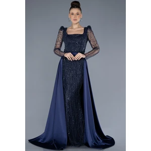 Taşlı Uzun Kol Saten Kuyruklu Büyük Beden Abiye ABU4761