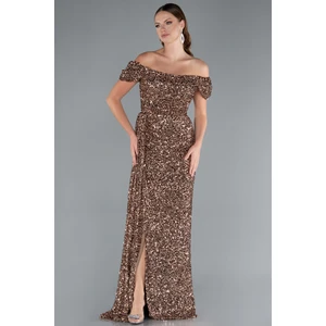 Kayık Yaka Bacak Dekolteli Uzun Pullu Abiye Elbise ABU4843