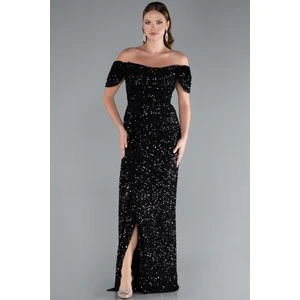 Kayık Yaka Bacak Dekolteli Uzun Pullu Abiye Elbise ABU4843