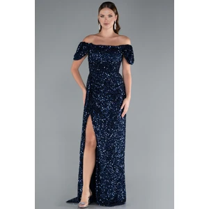 Kayık Yaka Bacak Dekolteli Uzun Pullu Abiye Elbise ABU4843