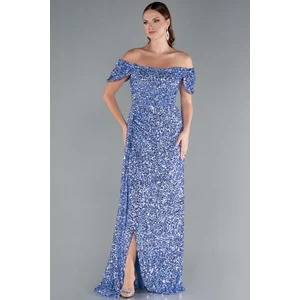 Kayık Yaka Bacak Dekolteli Uzun Pullu Abiye Elbise ABU4843