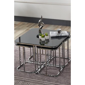 Sedaş Living Units Pelikan 4+1 Siyah Aynalı Temperli Cam Gümüş Metal Ayak Takım Sehpa Sedaş_lıvıng_unıts_sehpa
