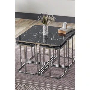 Sedaş Living Units Pelikan 4+1 Siyah Mermer Temperli Cam Gümüş Metal Ayak Takım Sehpa Sedaş_lıvıng_unıts_sehpa