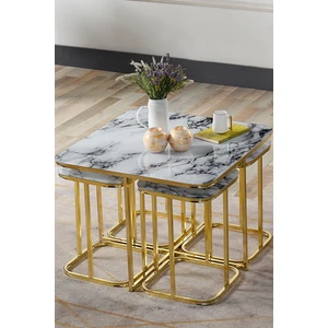 Sedaş Living Units Pelikan 4+1 Beyaz Mermer Temperli Cam Gold Metal Ayak Takım Sehpa Sedaş_lıvıng_unıts_sehpa