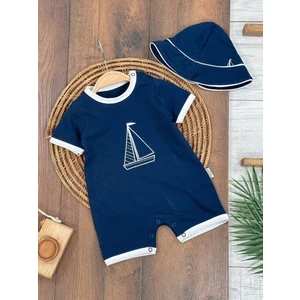 Erkek Bebek Yazlık Çıtçıtlı Denizci Şapkalı Pamuklu Şort Tulum Yazlık Desenli