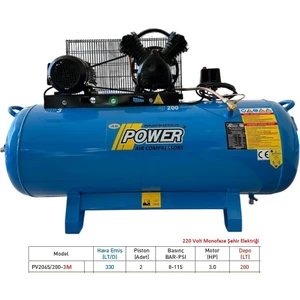 200 Lt Döküm Kafalı Yağlı Pistonlu Kompresör 220 V Monofaze şehir elektriği, 3 Hp, 2 Piston, 8 Bar