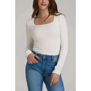 Kadın Beyaz Uzun Kollu Kare Yaka T-Shirt Bluz Kaşkorse Fitilli