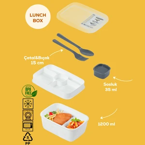 3200 Kendinden Kaşık Çatallı Sosluklu Bölmeli Beslenme Çantası - Taşınabilir 2 Katlı Lunch Box - Sefer Tası 1200 ml Beyaz
