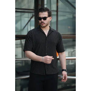 Apaş Yaka Krep Kumaş Çizgili Yarım Oversize Erkek Gömlek - Siyah