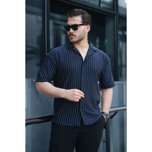 Apaş Yaka Krep Kumaş Çizgili Yarım Oversize Erkek Gömlek - Lacivert