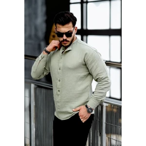 Yarım Pat Hakim Yaka Oversize Müslin Kumaş Gömlek - Açık Haki